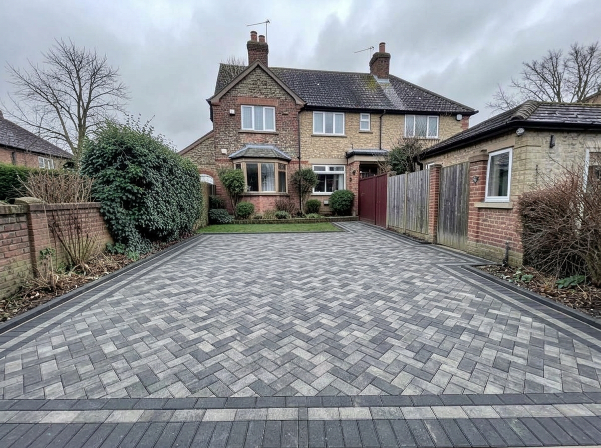 Charcoal herringbone block paved driveway