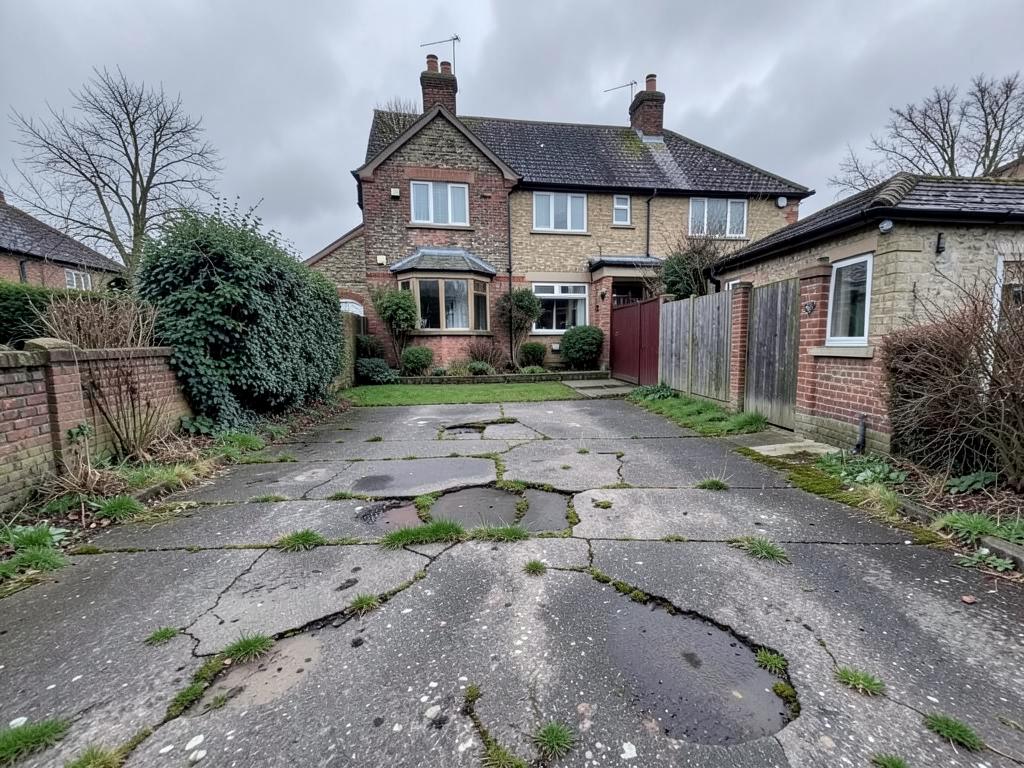 Broken tarmac driveway with potholes before work