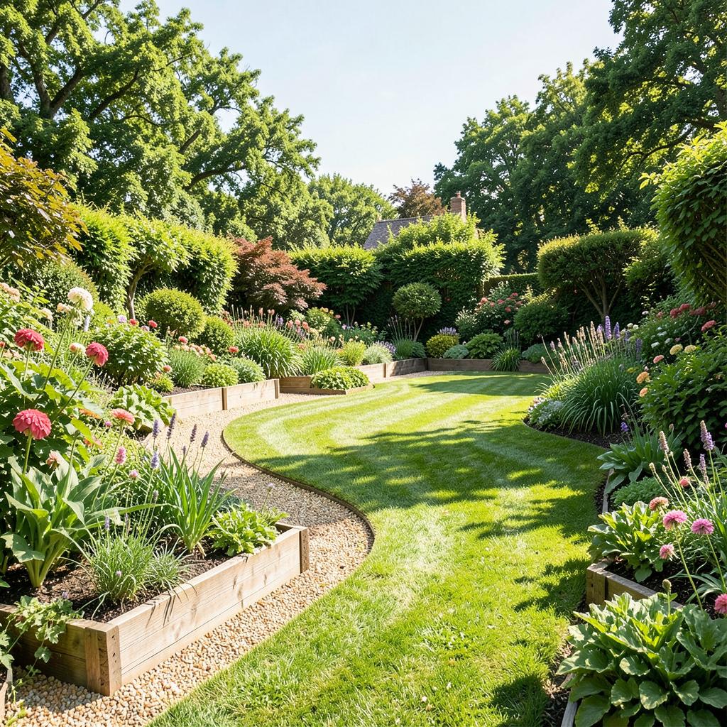 Landscaped English garden with lawn and raised beds