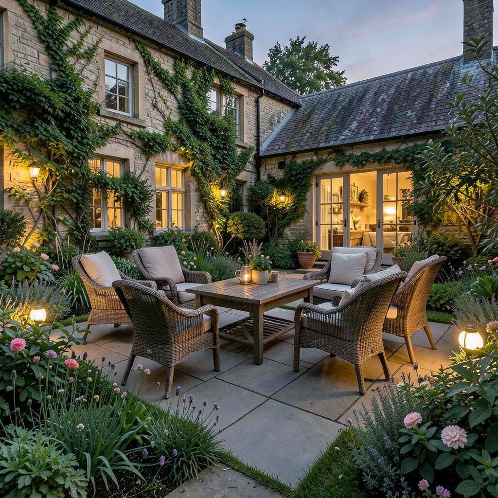Porcelain patio with garden furniture and evening lighting